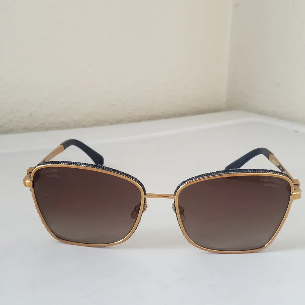 Chanel 4222 Gold Navy Denim Polarized Square Sunglasses Women CC Logo Italy